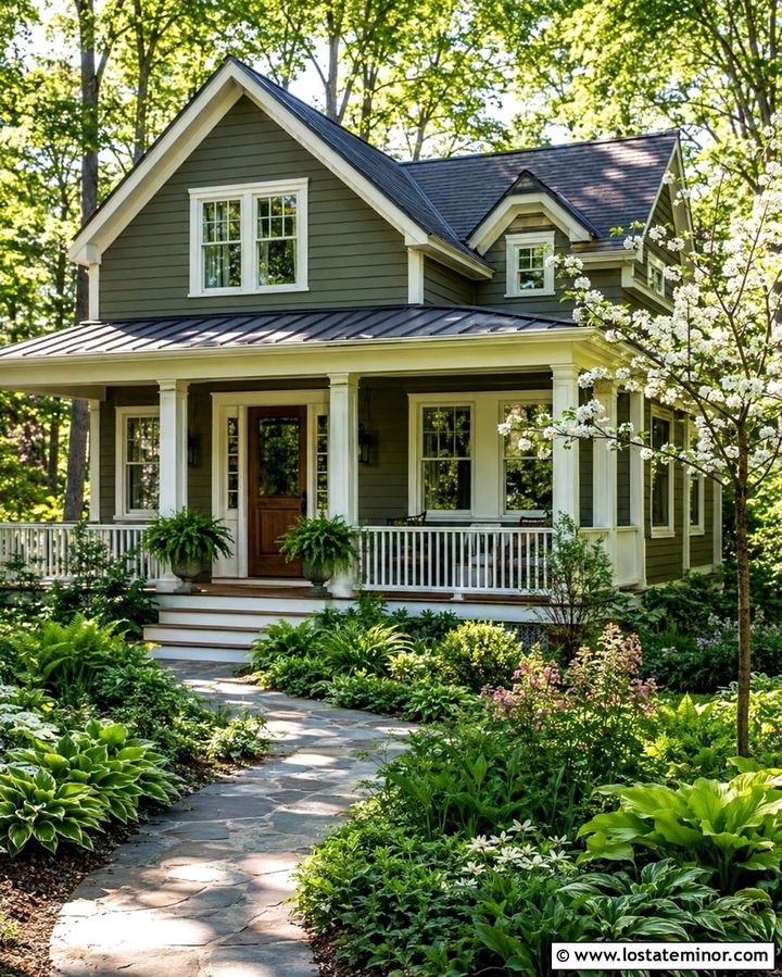 Olive Green House With Wraparound Porch And Shade Garden - 30 Olive Green House Design With Landscaping Ideas