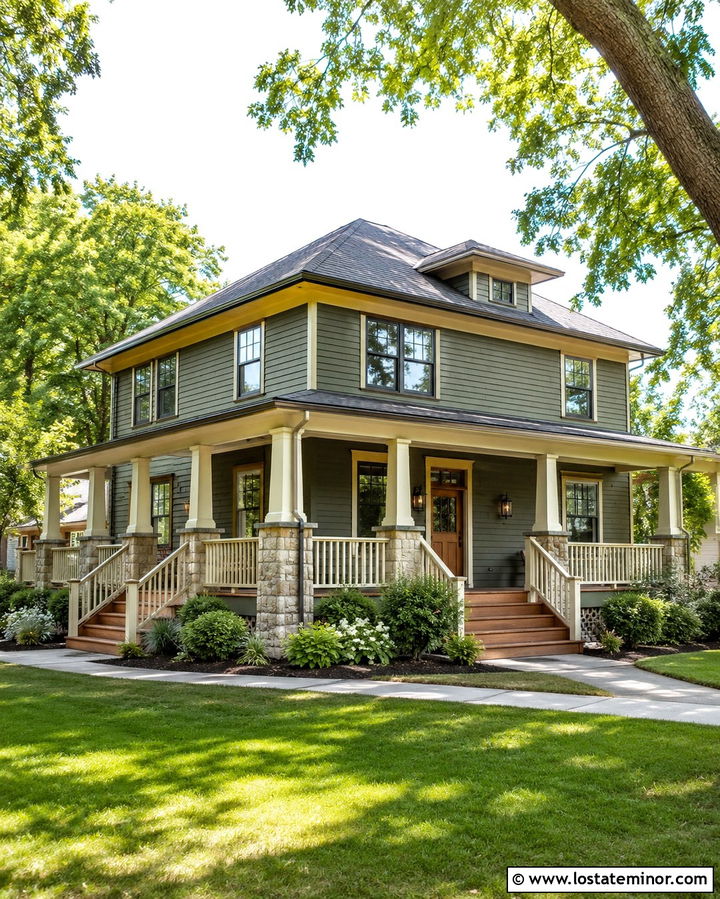 Olive Green House With Wraparound Porch Steps - 30 Olive Green House Design With Steps Ideas