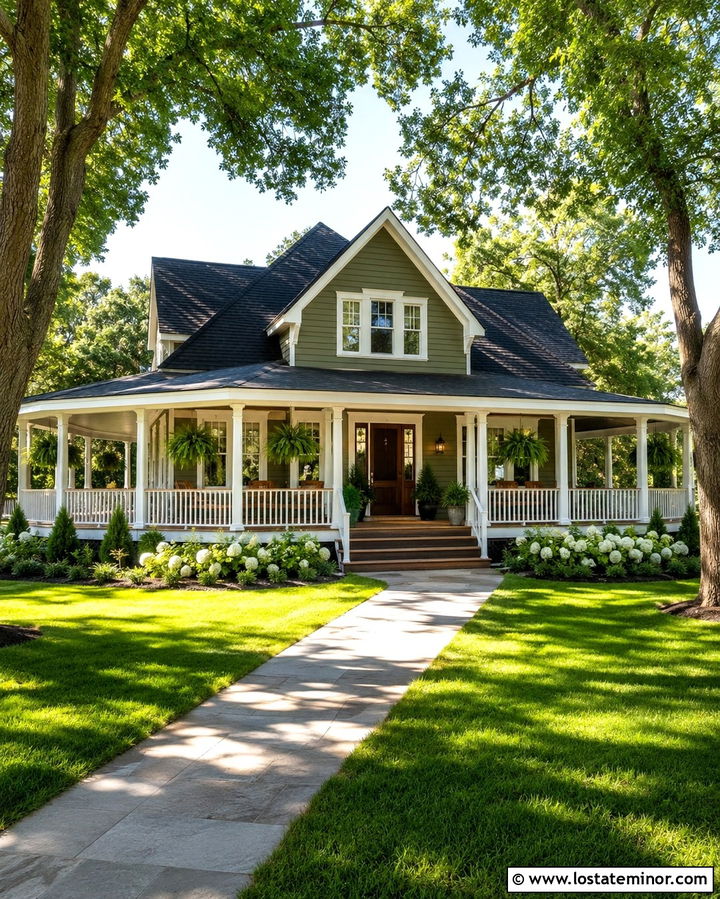 Olive Green House With Wraparound Porch - 30 Olive Green House Design With Front Yard Ideas