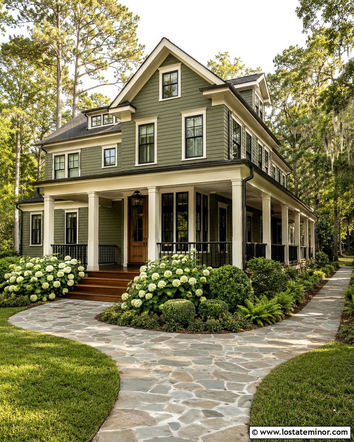Olive Green House With Wraparound Walkway - 30 Olive Green House Design With Walkway Ideas