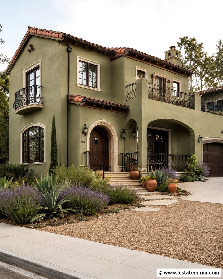 Olive Green House With Wrought Iron Railings - 30 Olive Green House Design With Railings Ideas