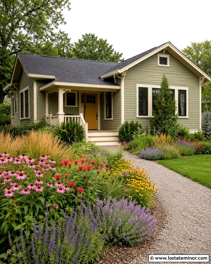 Olive Green House With Yellow Door And Pollinator Garden - 30 Olive Green House Design With Landscaping Ideas
