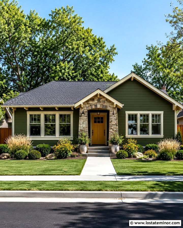 Olive Green House With Yellow Front Door - 30 Olive Green House Design With Front Yard Ideas