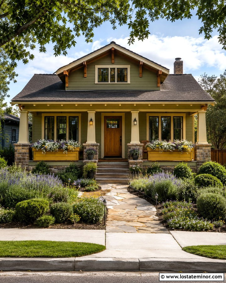 Olive Green House With Yellow Window Boxes - 30 Olive Green House Design With Window Boxes Ideas