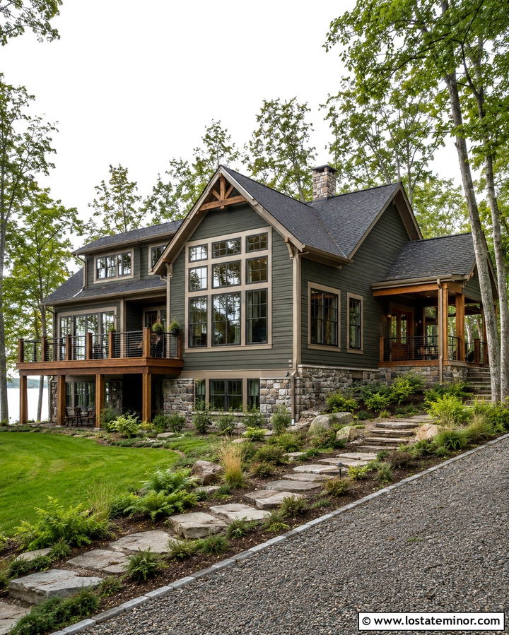 Olive Green Lake House Siding With Wood Deck - 30 Olive Green House Design With Siding Ideas