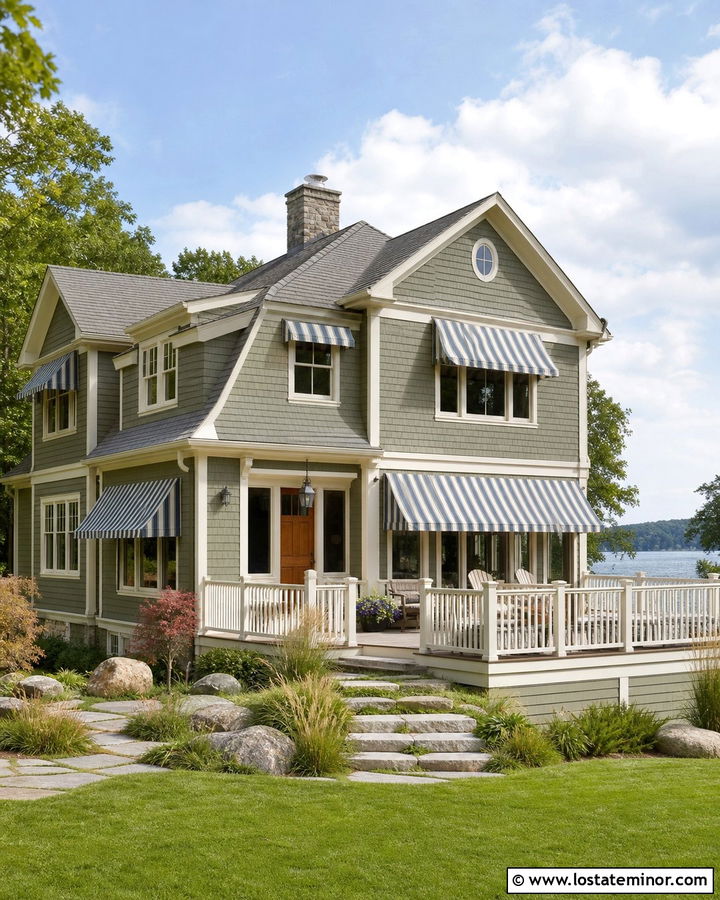Olive Green Lake House With Blue Fabric Awnings - 30 Olive Green House Design With Awning Ideas