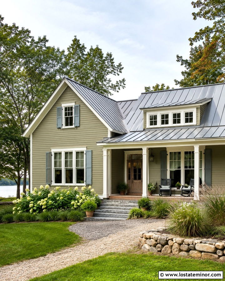 Olive Green Lake House With Blue Gray Shutters - 30 Olive Green House Design With Shutters Ideas