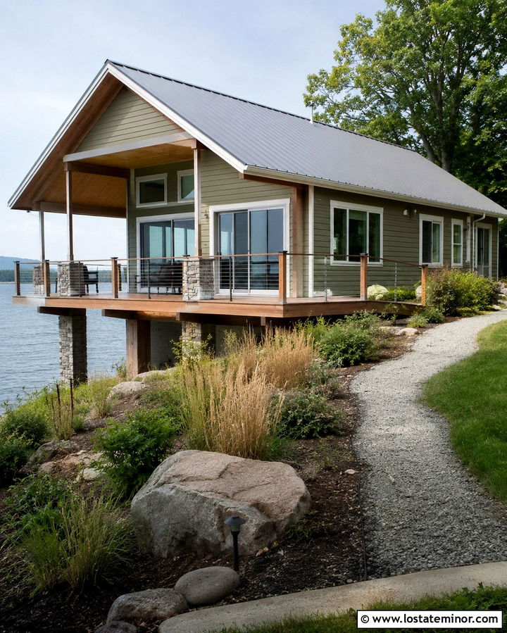 Olive Green Lake House With Cable Rail Deck - 30 Olive Green House Design With Deck Ideas
