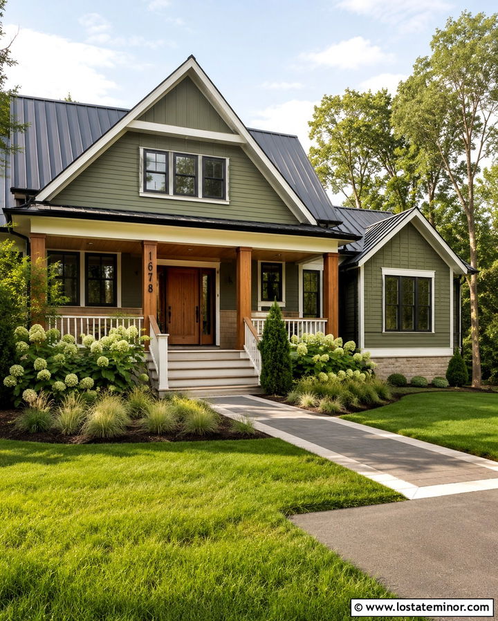Olive Green Lake House With Cedar Post Numbers - 30 Olive Green House Design With House Numbers Ideas