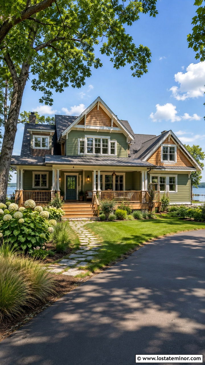 Olive Green Lake House With Cedar Shake Gables - 30 Olive Green House Design With Cedar Shake Ideas