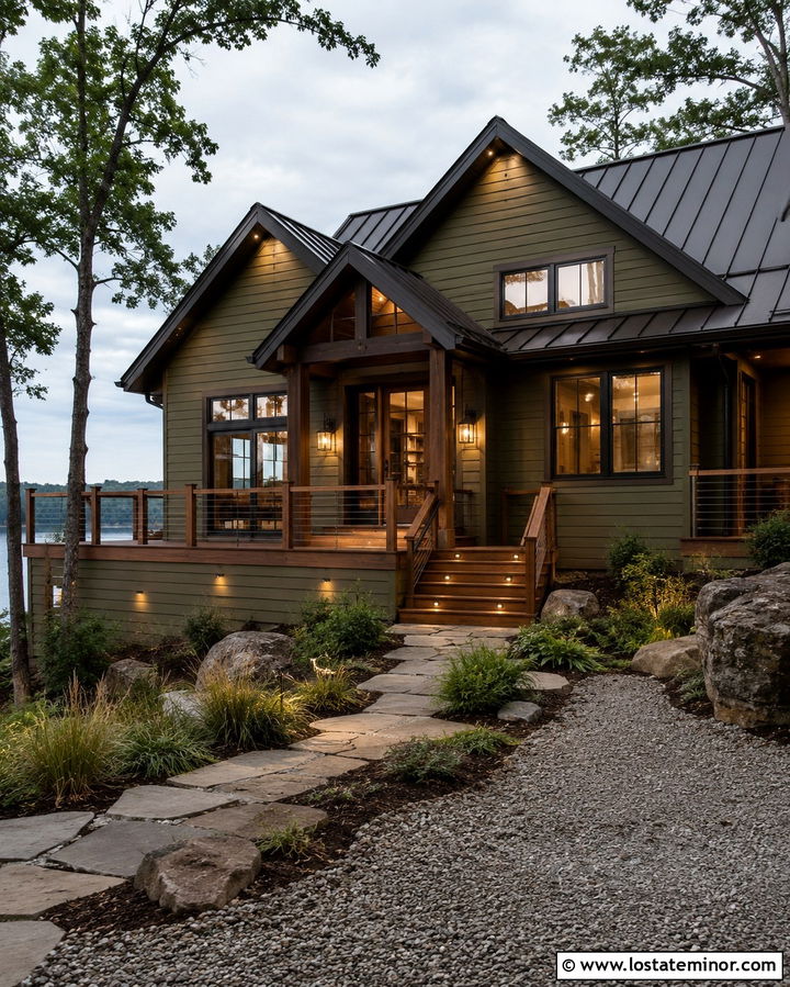 Olive Green Lake House With Deck Lighting - 30 Olive Green House Design With Lighting Ideas