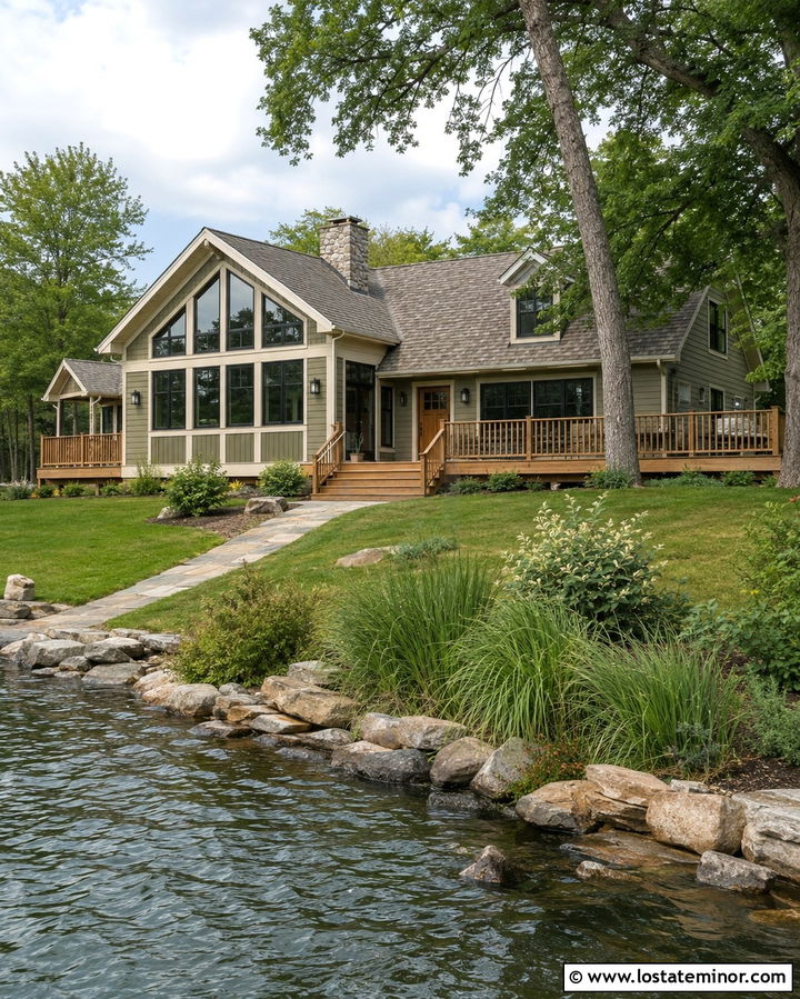 Olive Green Lake House With Deck Sunroom - 30 Olive Green House Design With Sunroom Ideas