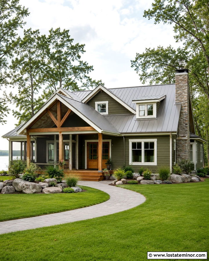 Olive Green Lake House With Gabled Porch - 30 Olive Green House Design With Gables Ideas