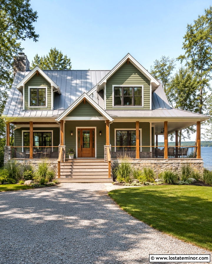 Olive Green Lake House With Metal Roof Dormers - 30 Olive Green House Design With Dormers Ideas