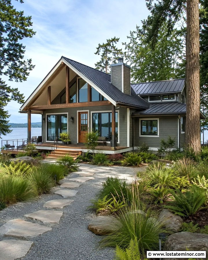 Olive Green Lake House With Natural Shore Landscaping - 30 Olive Green House Design With Landscaping Ideas
