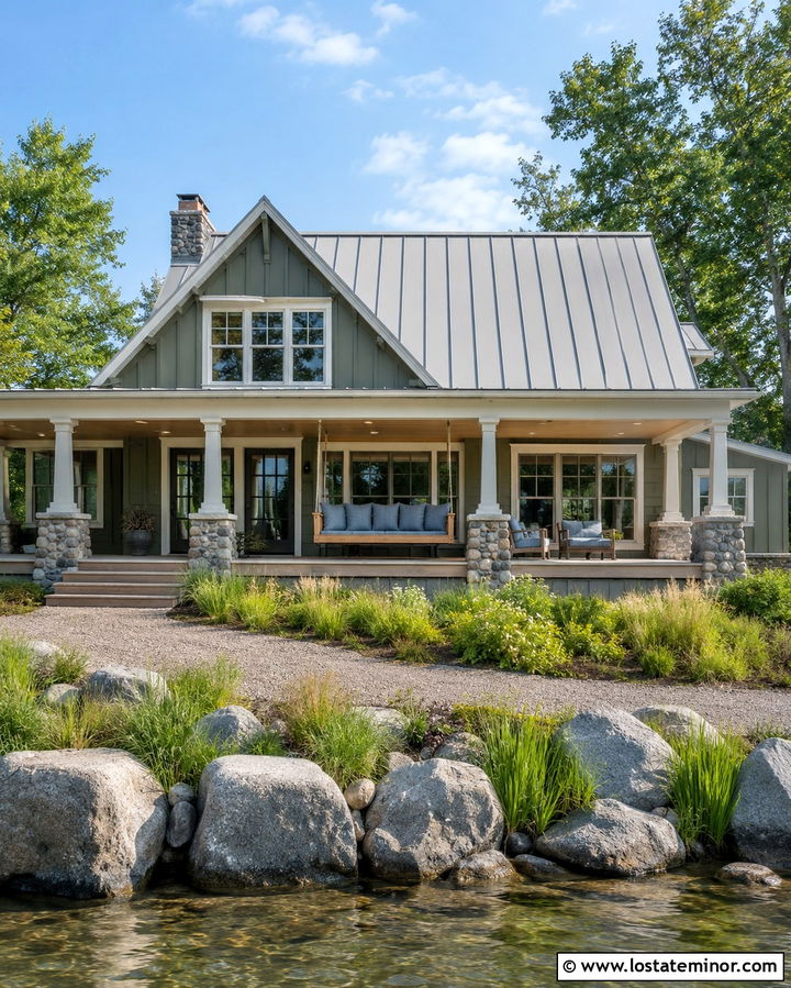 Olive Green Lake House With Porch Swing - 30 Olive Green House Design With Swing Ideas
