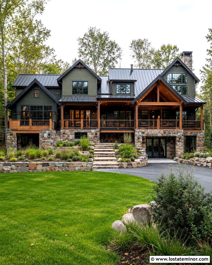 Olive Green Lake House With Stone Terrace - 30 Olive Green House Design With Stone Accents Ideas
