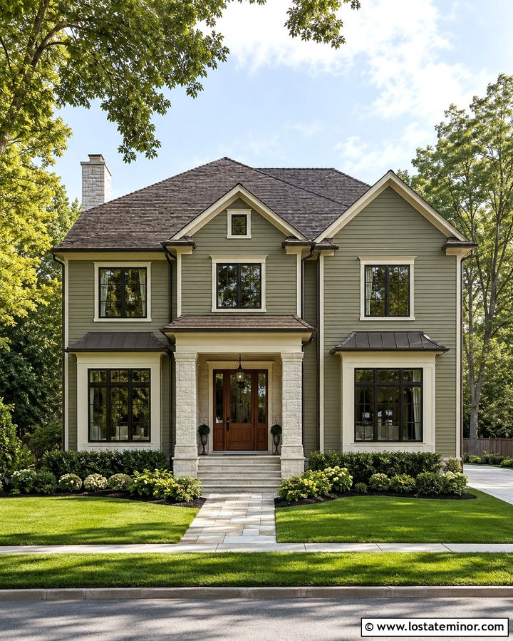 Olive Green Lap Siding With Bronze Gutters - 30 Olive Green House Design With Siding Ideas
