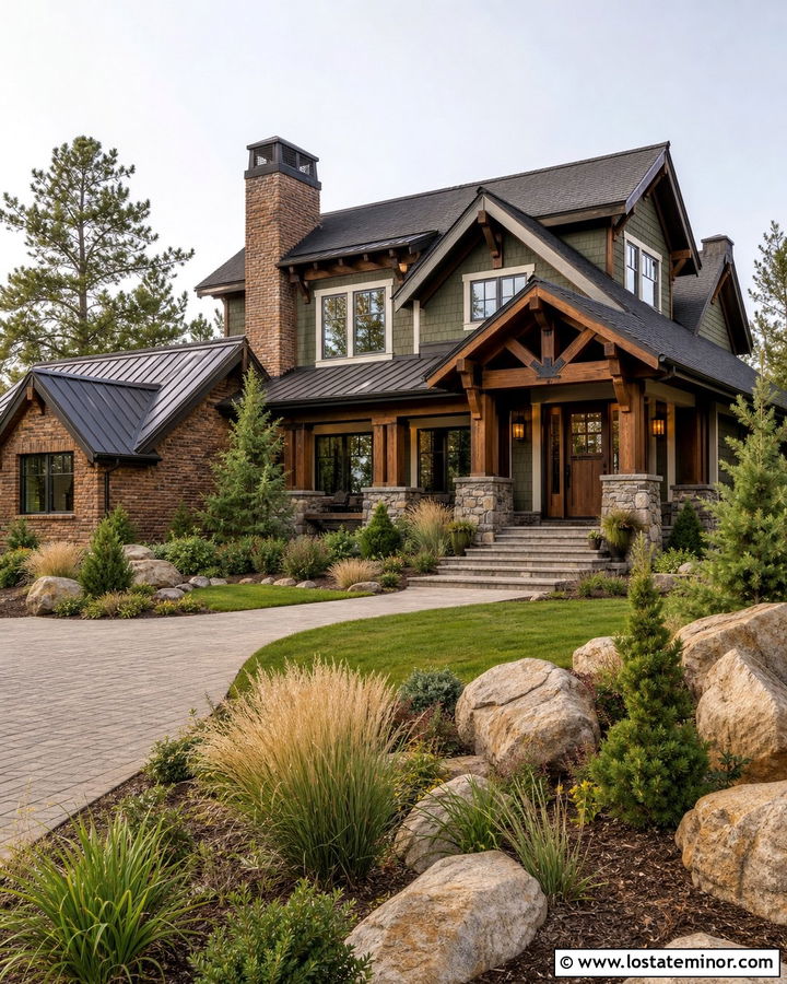 Olive Green Lodge House With Brick And Stone - 30 Olive Green House Design With Brick Accents Ideas