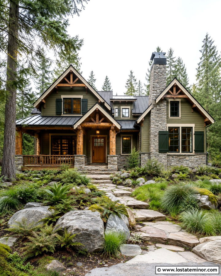 Olive Green Lodge House With Hunter Green Shutters - 30 Olive Green House Design With Shutters Ideas