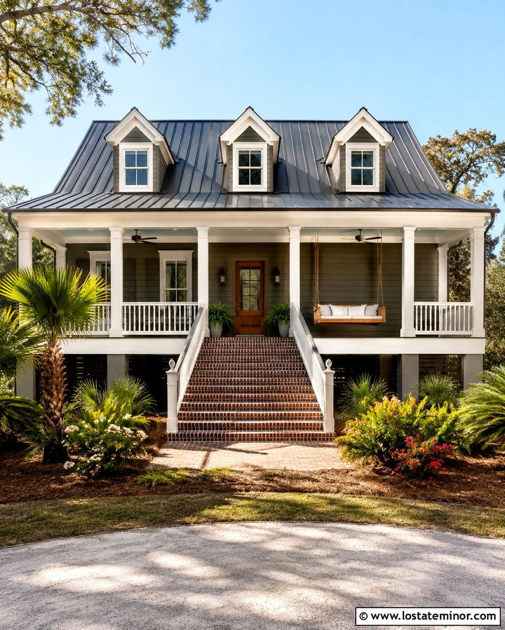 Olive Green Lowcountry House With Bed Swing - 30 Olive Green House Design With Swing Ideas