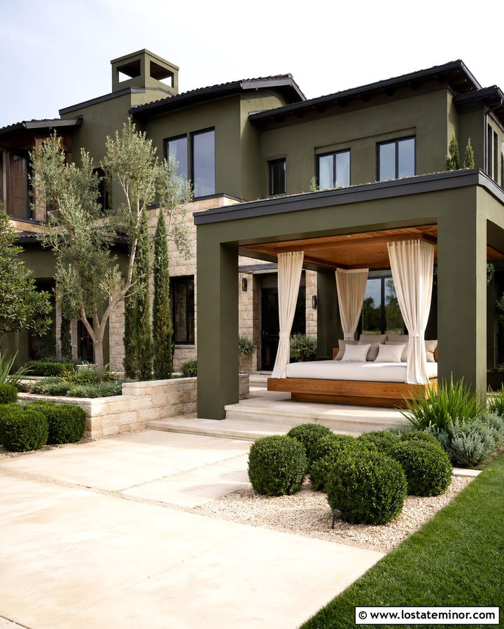 Olive Green Luxury House With Poolside Daybed - 30 Olive Green House Design With Daybed Ideas