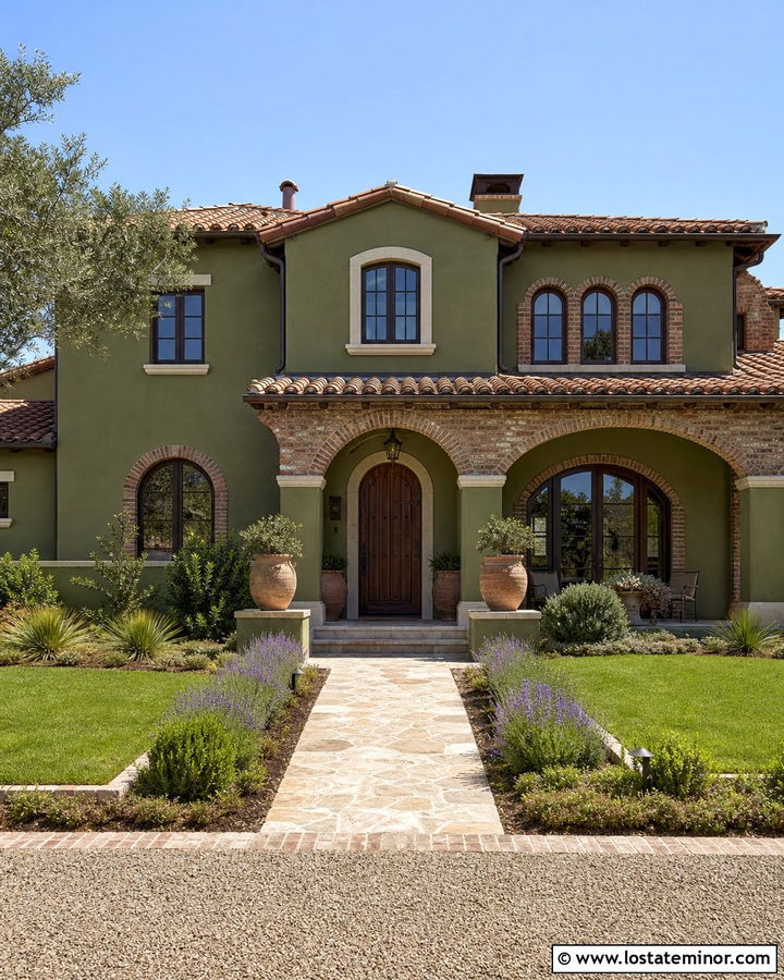 Olive Green Mediterranean House With Brick Arches - 30 Olive Green House Design With Brick Accents Ideas