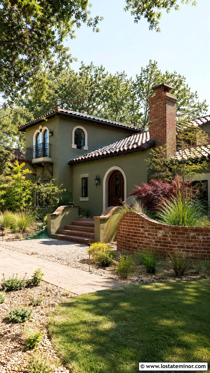 Olive Green Mediterranean House With Brick Chimney - 30 Olive Green House Design With Chimney Ideas