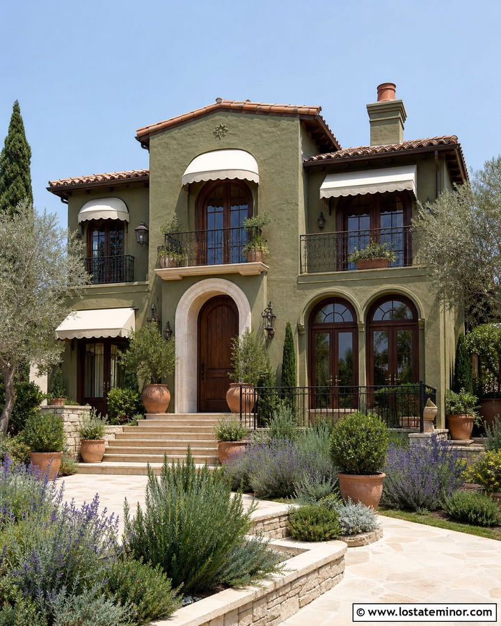 Olive Green Mediterranean House With Canvas Awning - 30 Olive Green House Design With Awning Ideas