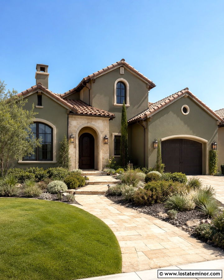 Olive Green Mediterranean House With Gables - 30 Olive Green House Design With Gables Ideas