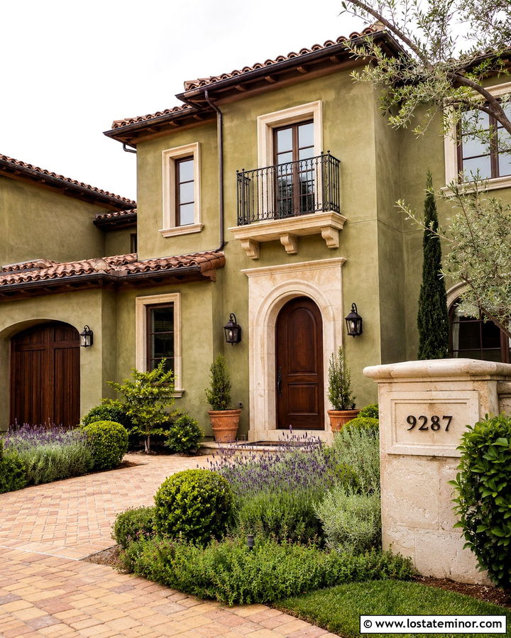 Olive Green Mediterranean House With Iron House Numbers - 30 Olive Green House Design With House Numbers Ideas