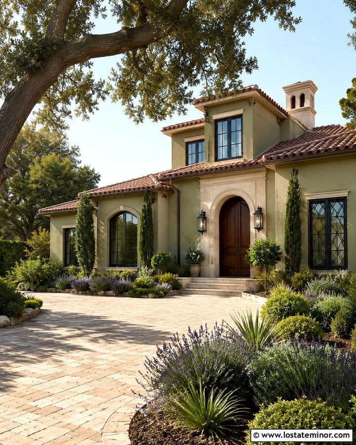 Olive Green Mediterranean House With Iron Sconces - 30 Olive Green House Design With Lighting Ideas