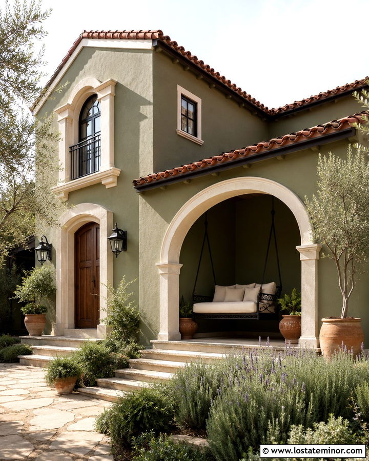 Olive Green Mediterranean House With Iron Swing - 30 Olive Green House Design With Swing Ideas