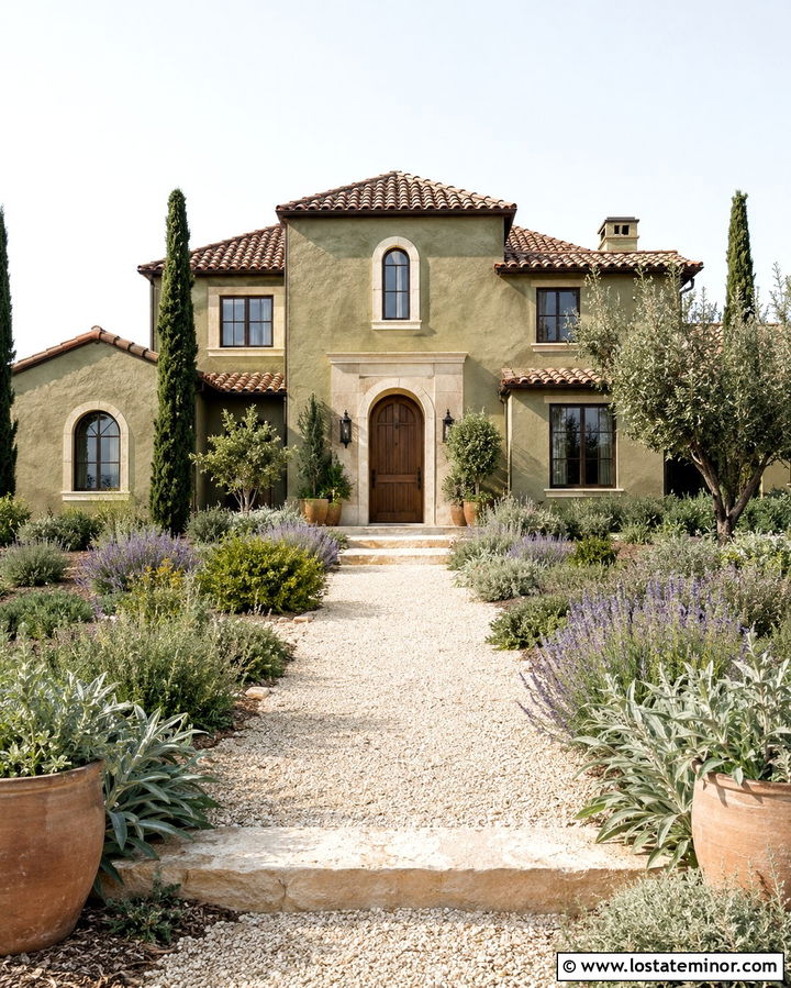 Olive Green Mediterranean House With Lavender - 30 Olive Green House Design With Landscaping Ideas