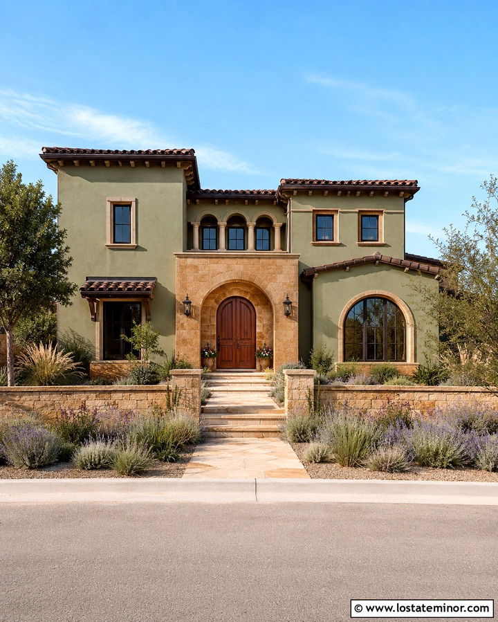 Olive Green Mediterranean House With Sandstone - 30 Olive Green House Design With Stone Accents Ideas