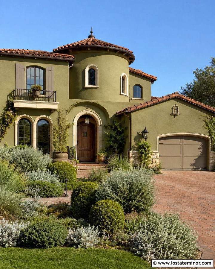 Olive Green Mediterranean House With Taupe Shutters - 30 Olive Green House Design With Shutters Ideas