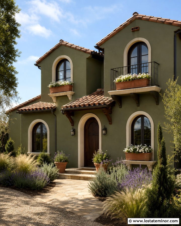 Olive Green Mediterranean House With Terracotta Window Boxes - 30 Olive Green House Design With Window Boxes Ideas