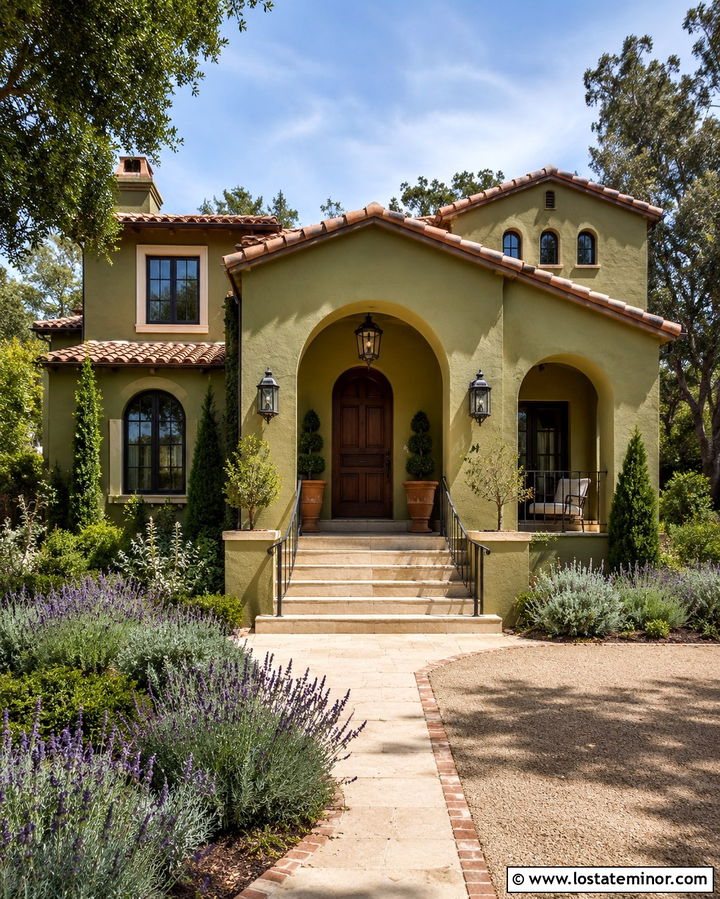 Olive Green Mediterranean House With Tile Portico - 30 Olive Green House Design With Portico Ideas