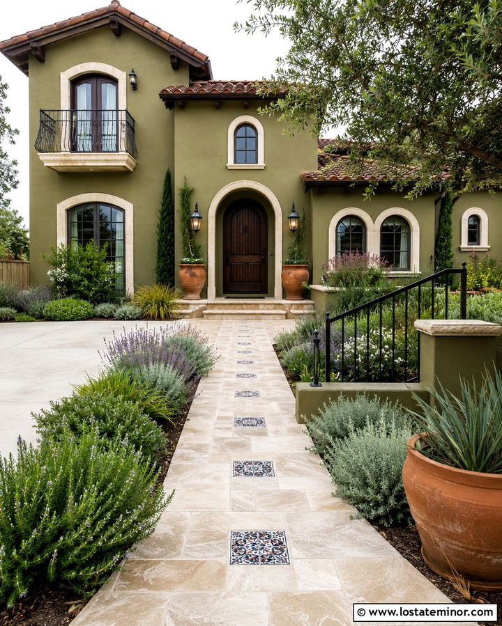 Olive Green Mediterranean House With Tile Walkway - 30 Olive Green House Design With Walkway Ideas