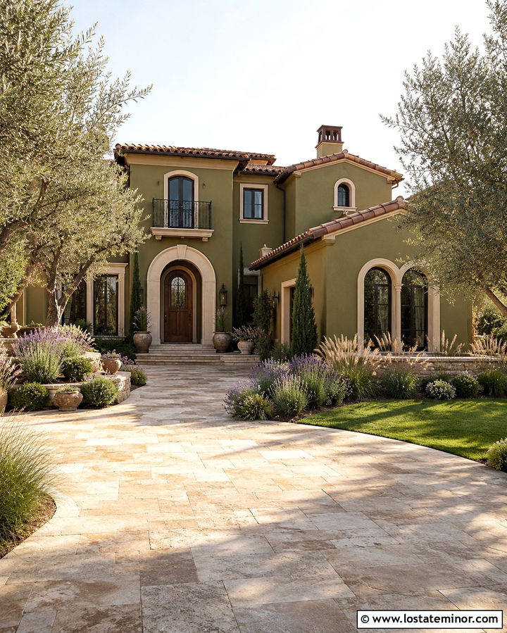Olive Green Mediterranean House With Travertine Driveway - 30 Olive Green House Design With Driveway Ideas