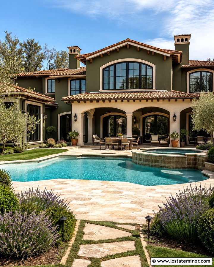 Olive Green Mediterranean House With Travertine Pool - 30 Olive Green House Design With Swimming Pool Ideas