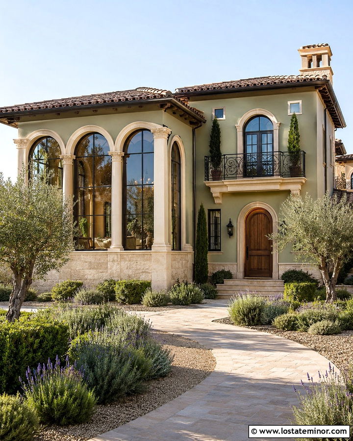 Olive Green Mediterranean With Stucco Sunroom - 30 Olive Green House Design With Sunroom Ideas