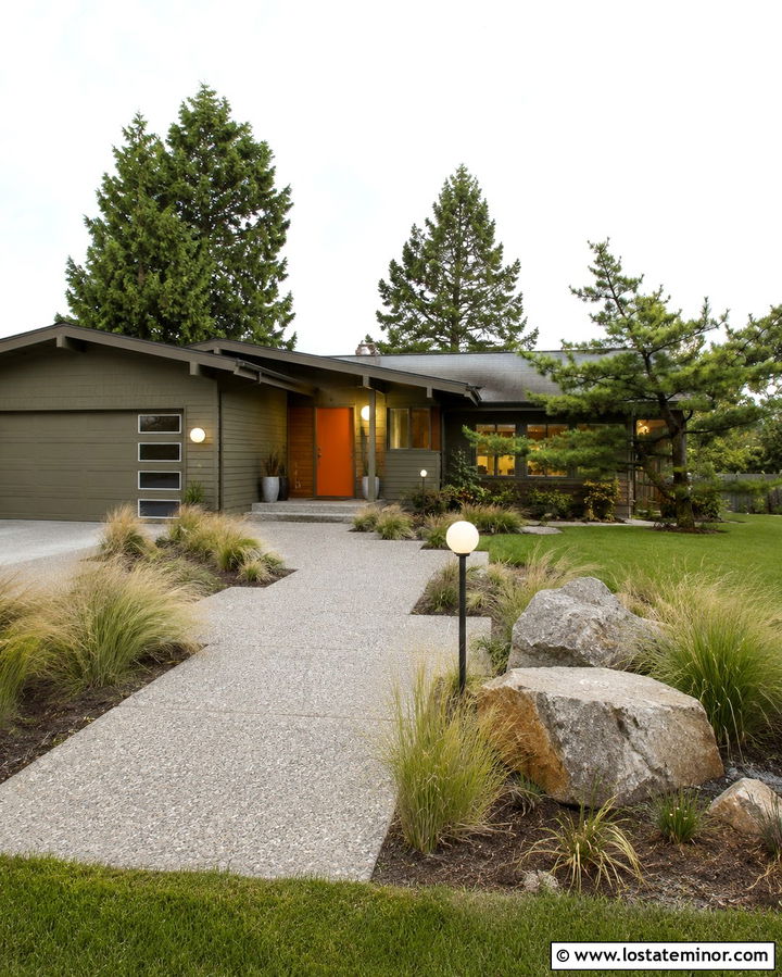Olive Green Mid Century House With Aggregate Walkway - 30 Olive Green House Design With Walkway Ideas