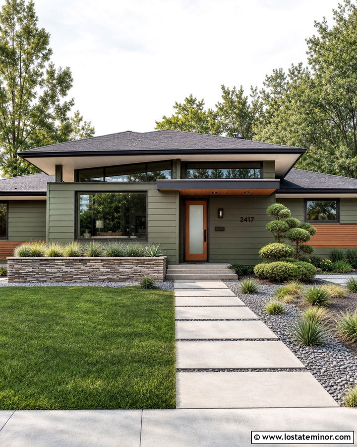 Olive Green Mid Century House With Cantilevered Awning - 30 Olive Green House Design With Awning Ideas
