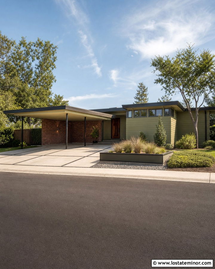 Olive Green Mid Century House With Flat Carport - 30 Olive Green House Design With Carport Ideas