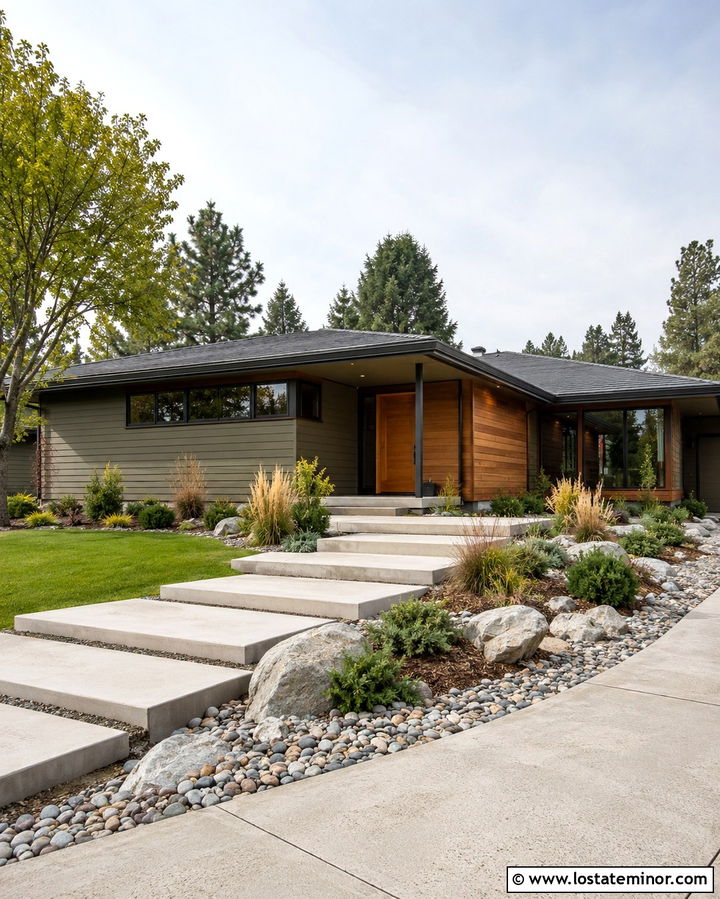 Olive Green Mid Century House With Floating Steps - 30 Olive Green House Design With Steps Ideas