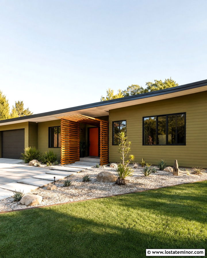 Olive Green Mid Century House With Slatted Pergola - 30 Olive Green House Design With Pergola Ideas