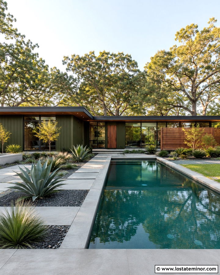 Olive Green Mid Century Modern House With Lap Pool - 30 Olive Green House Design With Swimming Pool Ideas