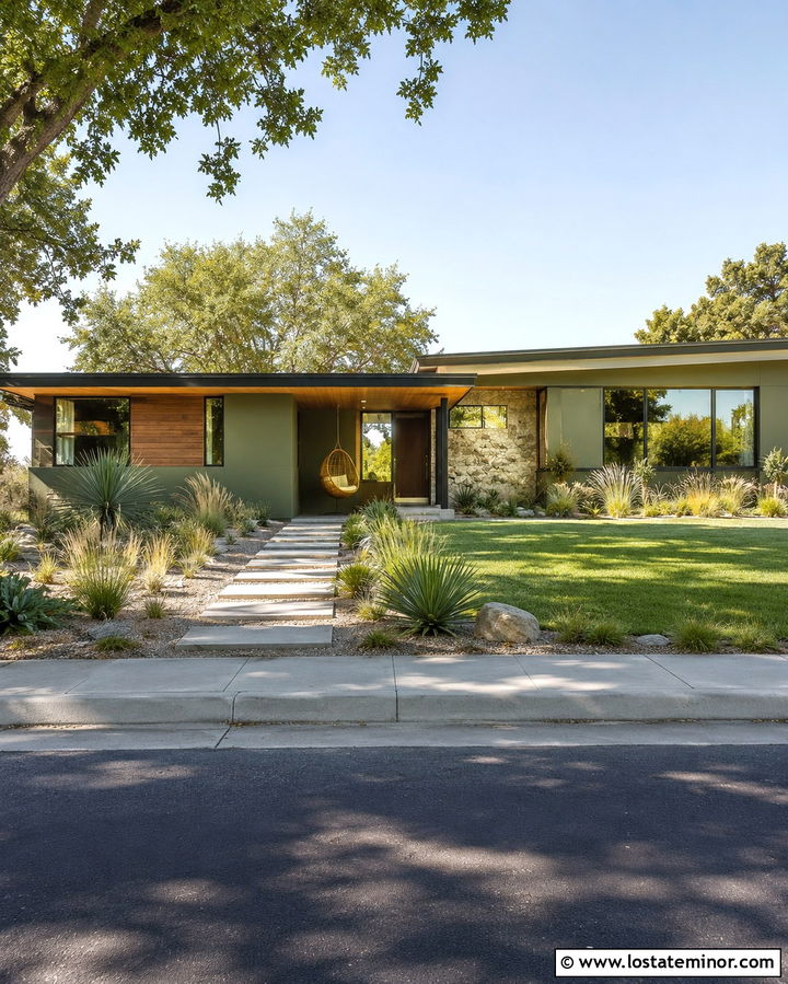 Olive Green Midcentury House With Egg Swing - 30 Olive Green House Design With Swing Ideas