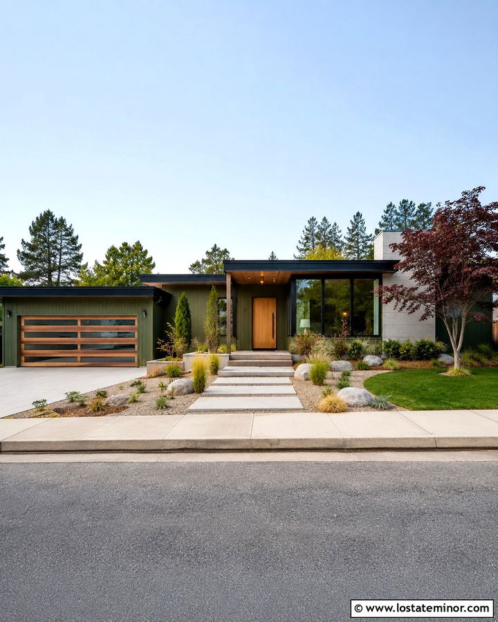 Olive Green Midcentury House With Flat Roof Sunroom - 30 Olive Green House Design With Sunroom Ideas
